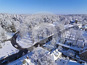 Weston Town Hall aerial view, MA, USA