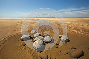 Westward Ho Beach scene with large rocks