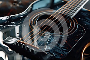 Wet acoustic black guitar closeup, rock music background. Generative AI