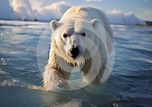 Wet arctic polar bear walking in cold water on sunny day.Macro.AI Generative