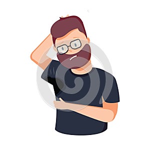 Wet armpits flat vector illustration. Smelly and sweaty stains on male clothes isolated on white background. Hygiene