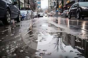 wet asphalt on a busy city street, with the hustle and bustle of traffic in the background
