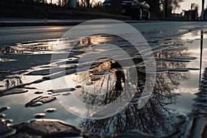 wet asphalt with puddles and reflections of the sky, creating a hypnotizing effect