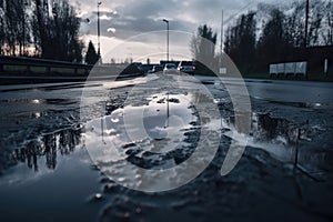 wet asphalt with puddles and reflections of the sky, creating a hypnotizing effect