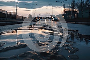 wet asphalt with puddles and reflections of the sky, creating a hypnotizing effect