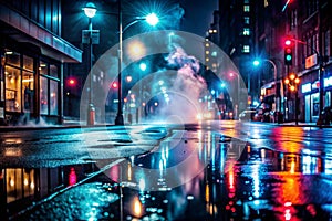 Wet asphalt, reflection of neon lights, a searchlight, smoke. Abstract light in a dark empty street with smoke, smog. Dark photo