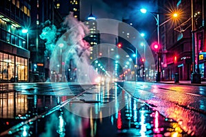 Wet asphalt, reflection of neon lights, a searchlight, smoke. Abstract light in a dark empty street with smoke, smog. Dark photo