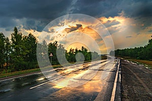 Wet asphalt road panorama in countryside on rainy evening of summer day