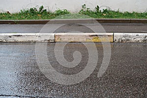 Wet asphalt, sidewalk, curb and lawn, minimalism, autumn