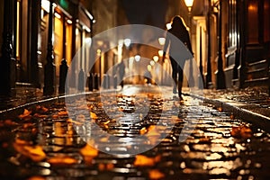 wet autumn city street with yellow leaves and people, rainy city street with streetlights in the evening, beautiful autumn