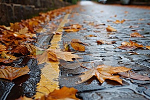Wet Autumn Leaves on a Cobblestone Street