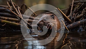 Wet beaver eating nutria on pond grass generated by AI