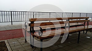 Wet bench on a foggy day. Metal curled wrought iron fence detail. Off-season melancholic mood