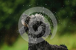 Wet Black Dog Shaking Off Water Outdoors
