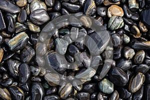 Wet Black pebble stones island in Koh hin ngam, Tarutao National Park, Satun, Thailand
