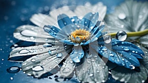 wet blue water flower background, close up of gerber flower with water drops, floral background.