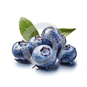 Wet Blueberries with two Green Leaf on White Background (AI Generated)