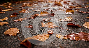 Wet Brown Autumn Leaves on Dark Pavement