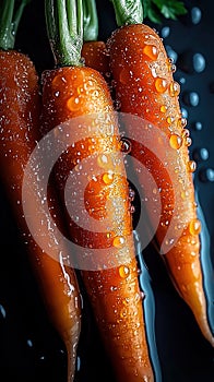 Wet carrotes on dark background. Generative Ai