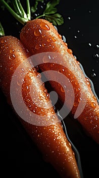 Wet carrotes on dark background. Generative Ai