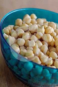 Wet chick peas in glass dish