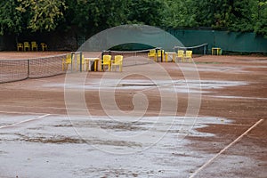 Wet clay tennis court after the rain, match cancelled