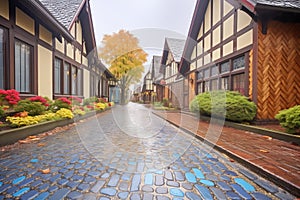 wet cobblestone path leading to litup tudor gable