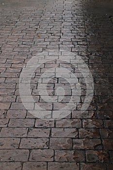 Wet cobblestone pavement after the rain