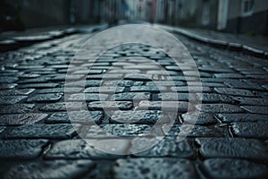 Wet cobblestone street close-up