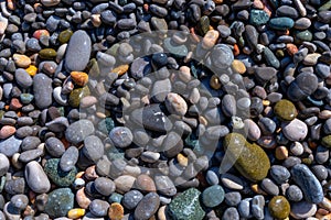 Wet colored sea stones in an even layer strew the sea shore Natural background