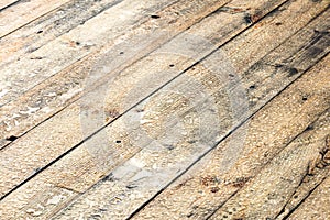 Wet cottage deck after rain. raindrops on wooden planks.