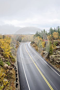 Wet curved roads in Acadia National Park