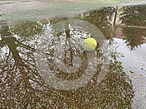 Wet dirty tennis ball in puddle in rainy weather. Cancellation of matches. Water reflection