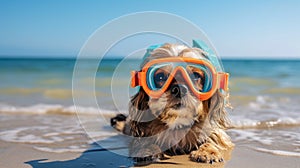 Wet dog on the beach wearing diving goggles