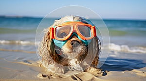 Wet dog on the beach wearing diving goggles