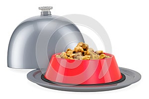 Wet dog food or cat in bowl on restaurant cloche. Restaurant for pets. 3D rendering