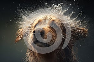 Wet dog head shaking off water while shaking his head. Dog shaking his head and splashing water all over. Ai generated