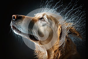 Wet dog head shaking off water while shaking his head. Dog shaking his head and splashing water all over. Ai generated