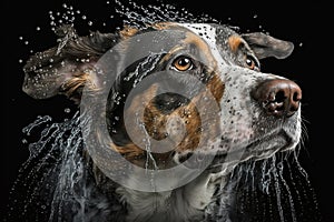 Wet dog head shaking off water while shaking his head. Dog shaking his head and splashing water all over. Ai generated