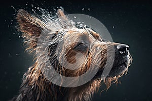 Wet dog head shaking off water while shaking his head. Dog shaking his head and splashing water all over. Ai generated