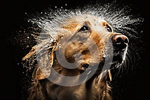 Wet dog head shaking off water while shaking his head. Dog shaking his head and splashing water all over. Ai generated