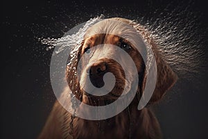 Wet dog head shaking off water while shaking his head. Dog shaking his head and splashing water all over. Ai generated