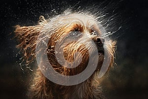 Wet dog head shaking off water while shaking his head. Dog shaking his head and splashing water all over. Ai generated