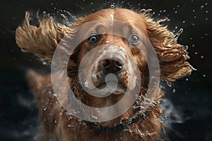 Wet dog head shaking off water while shaking his head. Dog shaking his head and splashing water all over. Ai generated