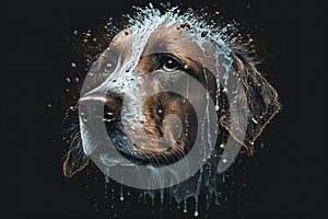 Wet dog head shaking off water while shaking his head. Dog shaking his head and splashing water all over. Ai generated