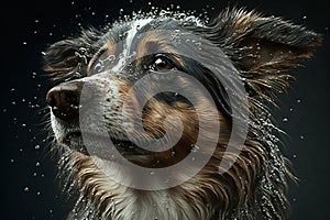 Wet dog head shaking off water while shaking his head. Dog shaking his head and splashing water all over. Ai generated