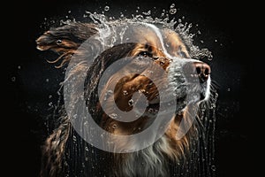 Wet dog head shaking off water while shaking his head. Dog shaking his head and splashing water all over. Ai generated