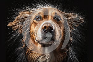 Wet dog head shaking off water while shaking his head. Dog shaking his head and splashing water all over. Ai generated