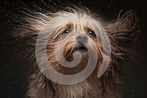 Wet dog head shaking off water while shaking his head. Dog shaking his head and splashing water all over. Ai generated