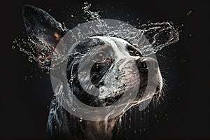 Wet dog head shaking off water while shaking his head. Dog shaking his head and splashing water all over. Ai generated